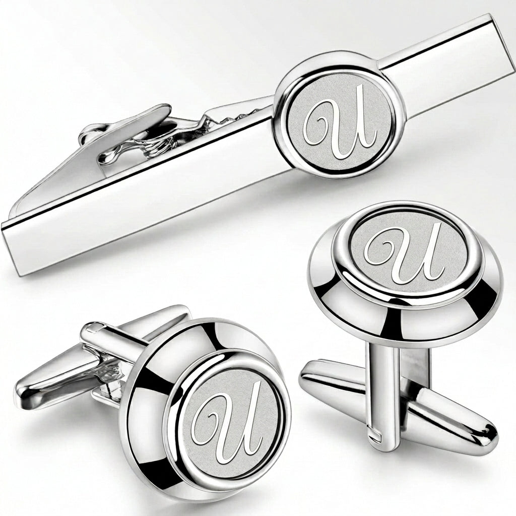 Initial Cufflinks & Tie Clip - Elegant Monogram Set