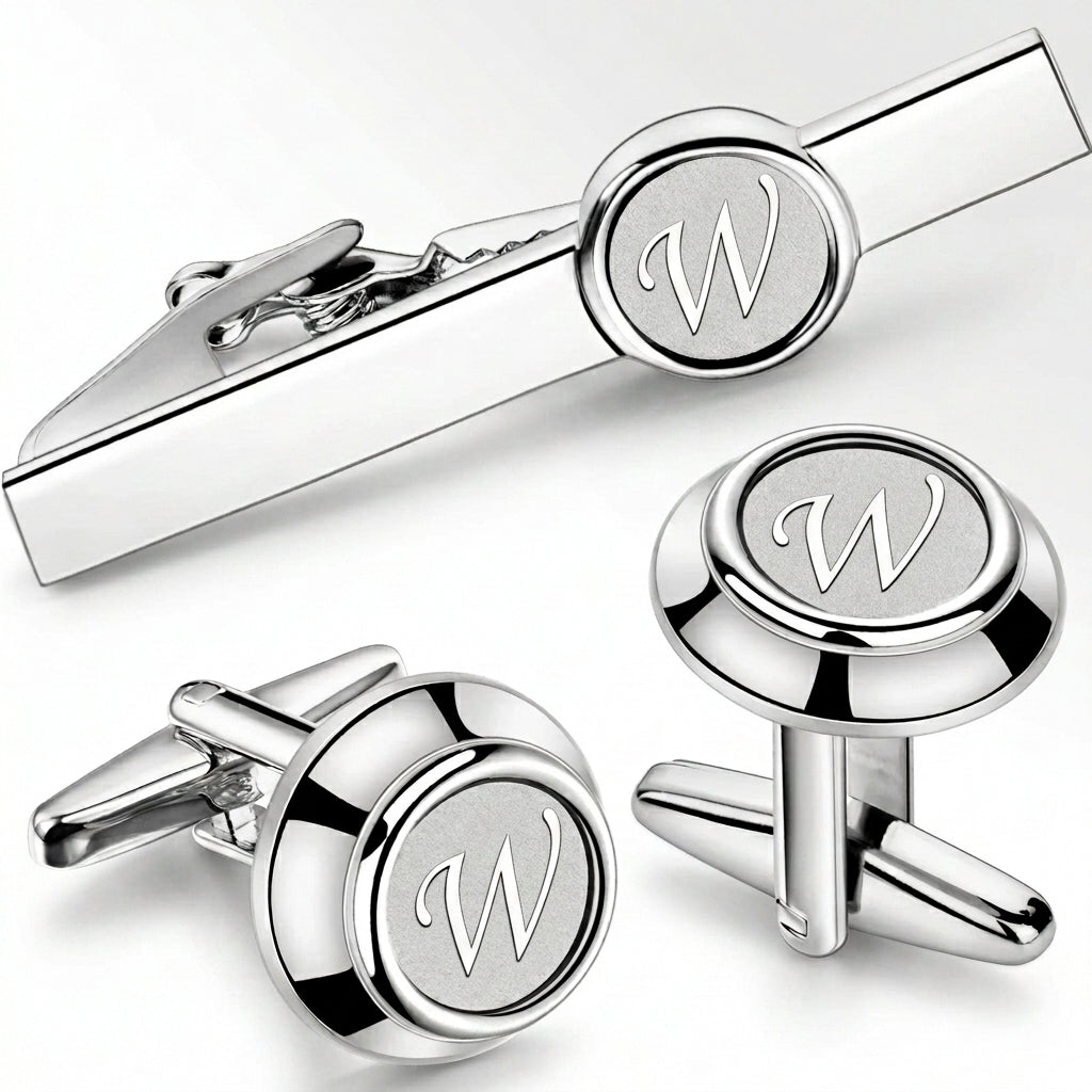 Initial Cufflinks & Tie Clip - Elegant Monogram Set