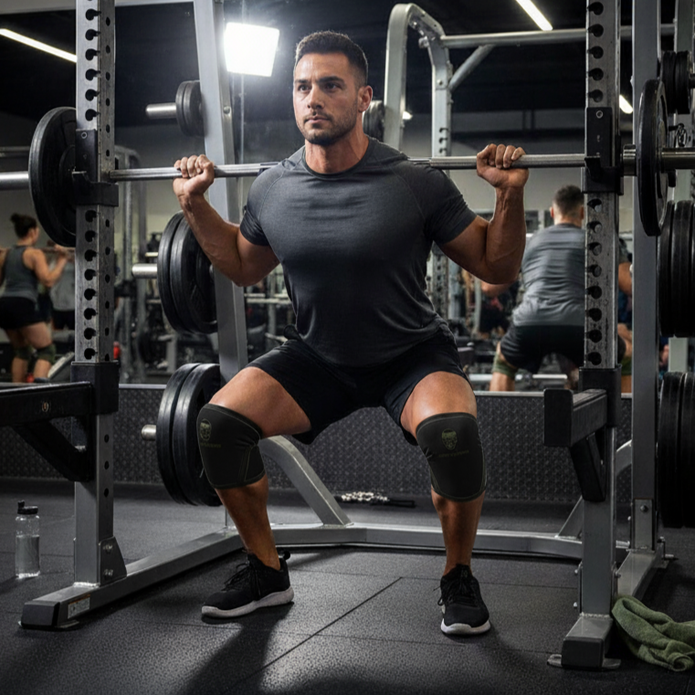 GymReapers 7mm knee sleeves in olive green – premium compression support for squatting, powerlifting and strength training