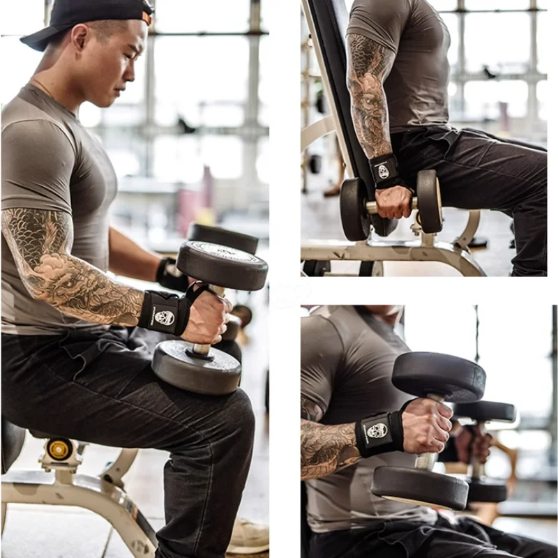 Man using GymReapers wrist wraps during dumbbell curl – black wrist support with skull logo for powerlifting and gym training