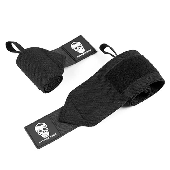 GymReapers wrist wraps unrolled – durable black elastic band with thumb loop and Velcro closure for gym use