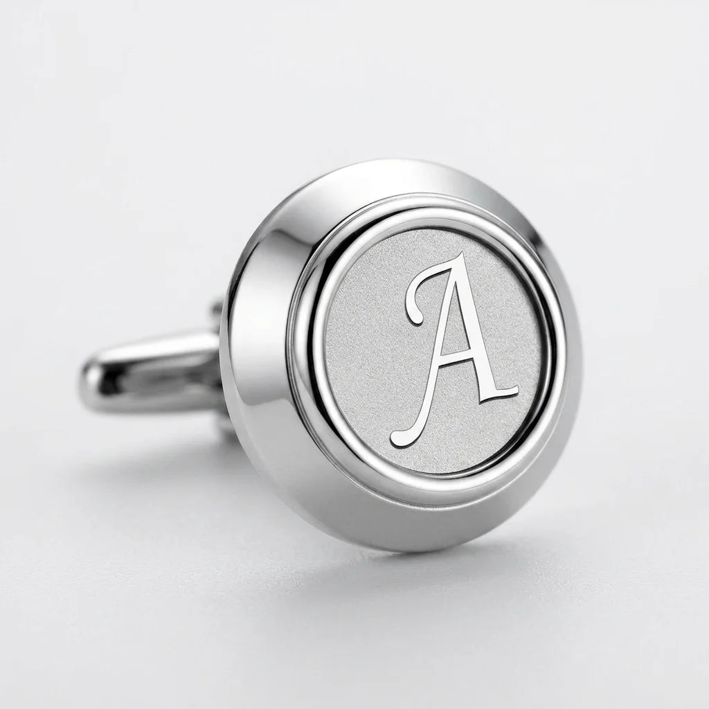 Initial Cufflinks & Tie C - Engraved, Polished Metal, Luxury
