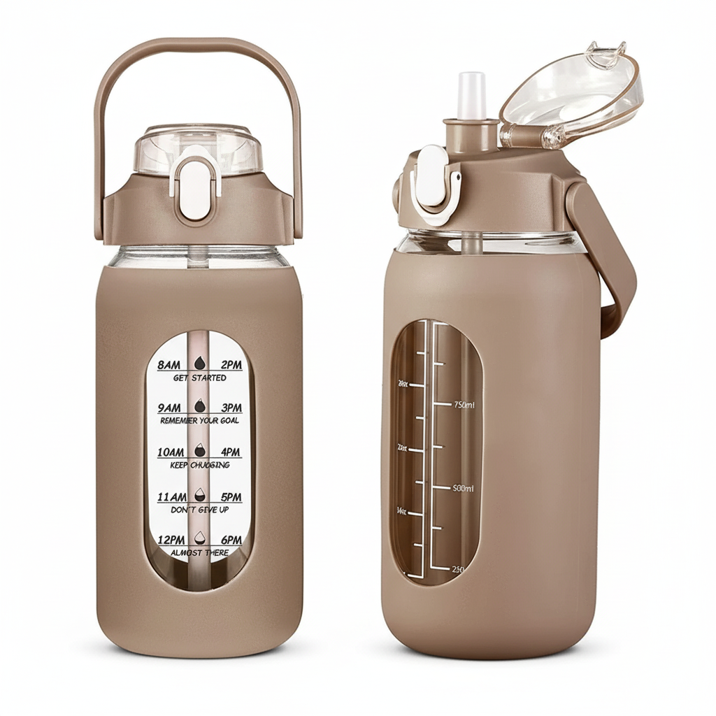 Motivational 42oz glass water bottle with time markers, leakproof flip-top lid, straw, and eco-friendly silicone sleeve for gym, office, and travel hydration