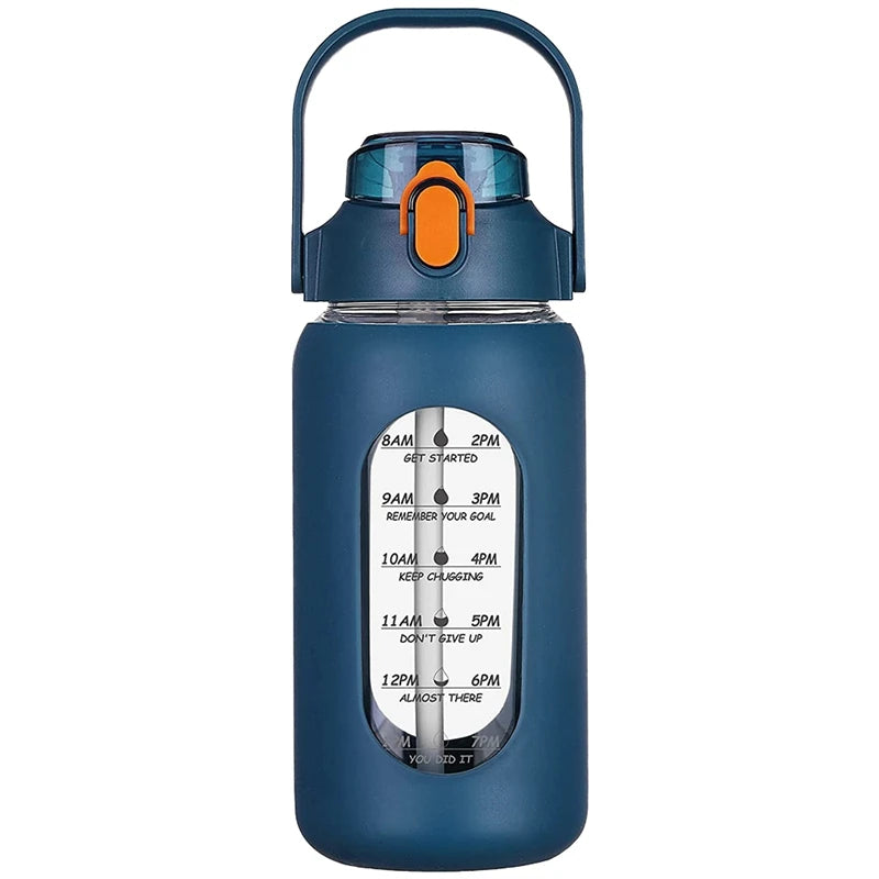 Navy blue water bottle with daily hydration schedule – keep track of your water intake easily

