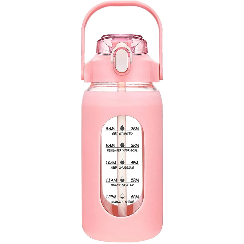 Pink motivational water bottle with time markers for daily hydration tracking – stay hydrated all day long