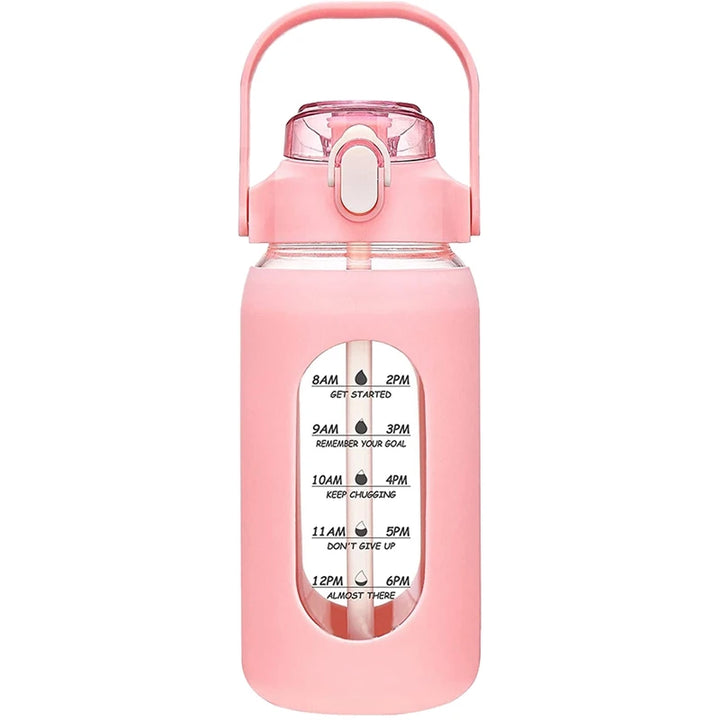 Pink motivational water bottle with time markers for daily hydration tracking – stay hydrated all day long