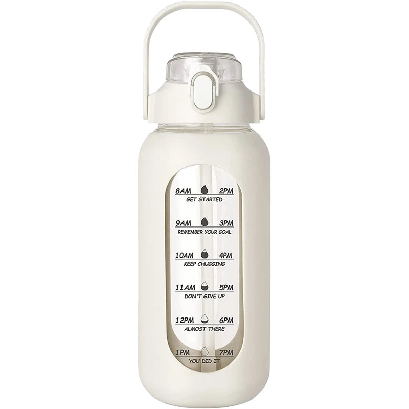 White motivational water bottle with time markers – drink more water and reach your health goals