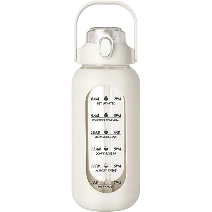 White motivational water bottle with time markers – drink more water and reach your health goals