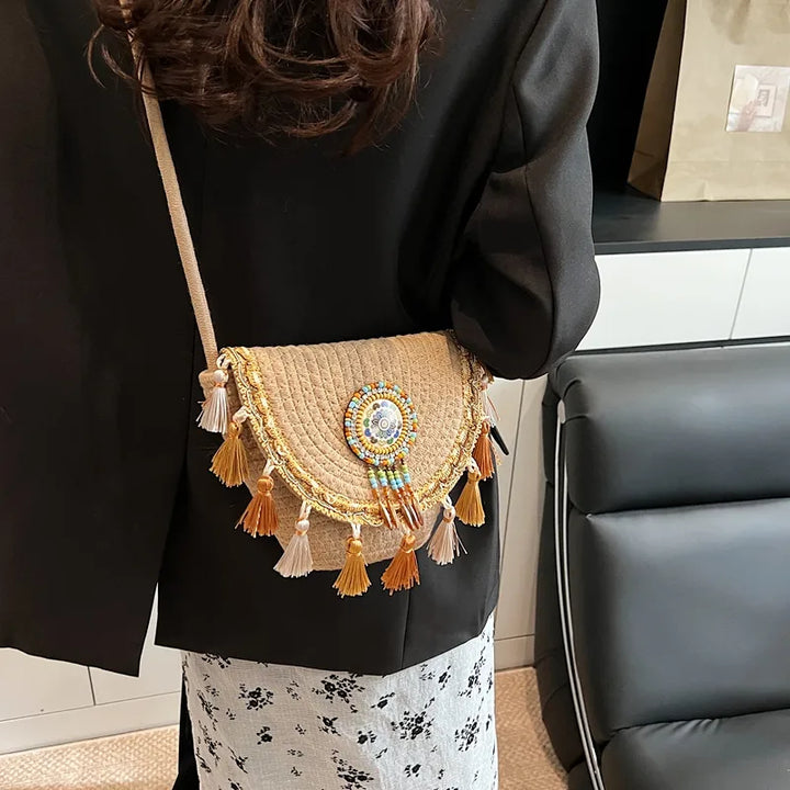 Tassel Straw Crossbody Bag