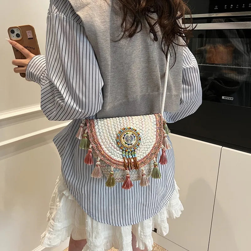 Tassel Straw Crossbody Bag