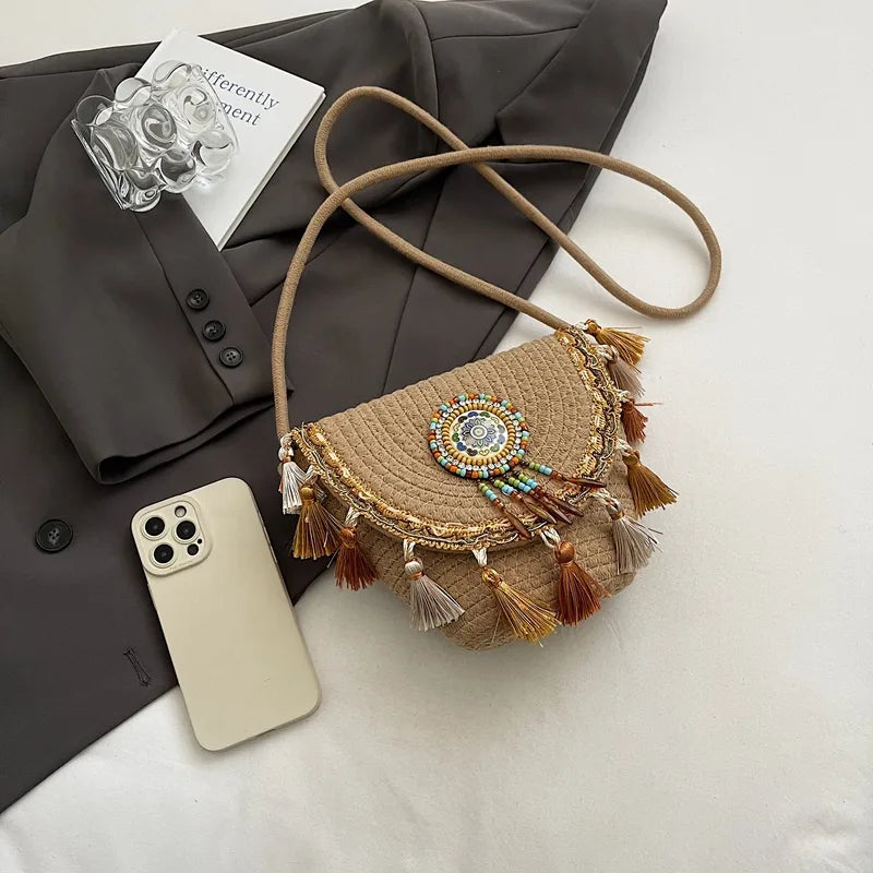 Tassel Straw Crossbody Bag