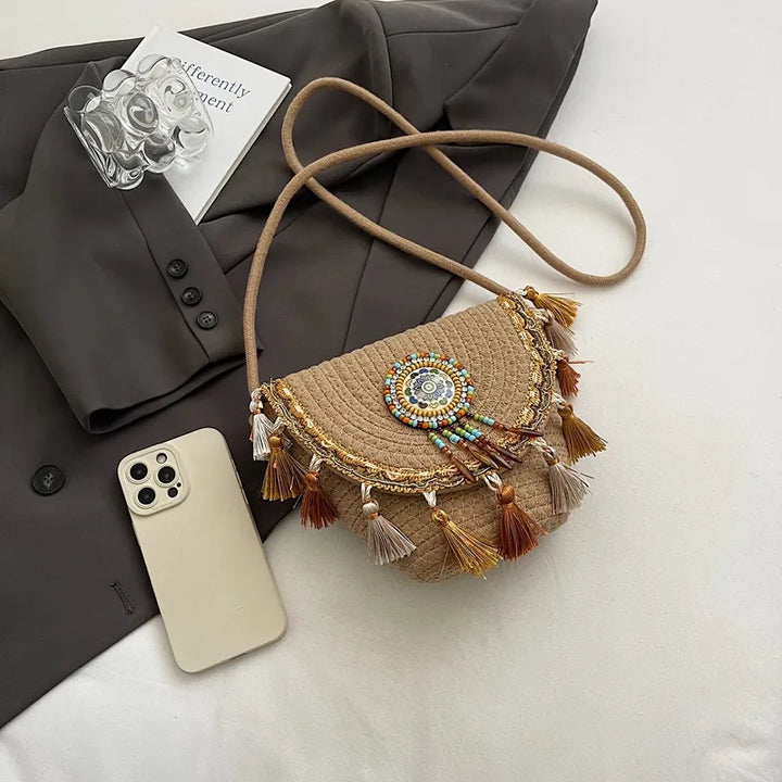 Tassel Straw Crossbody Bag